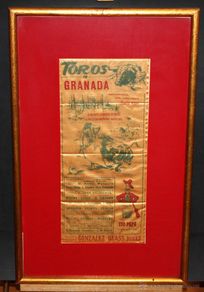 Tauromaquia: CARTEL TAURINO EN SEDA. GRANADA DEL 1961. CON PROPAGANDA DEL TIO PEPE Y GONZALEZ BYASS